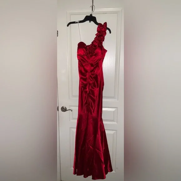 open lace back dress Classic Long Satin A-Line Prom Dress with Lace-Up Back Wine / 3